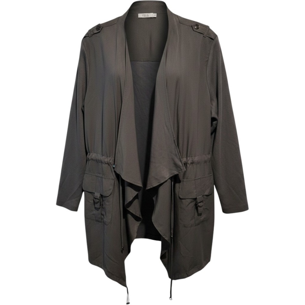 Dalia Womens Open Front Utility Jacket Draped Neck Drawstring Waist Olive 3X